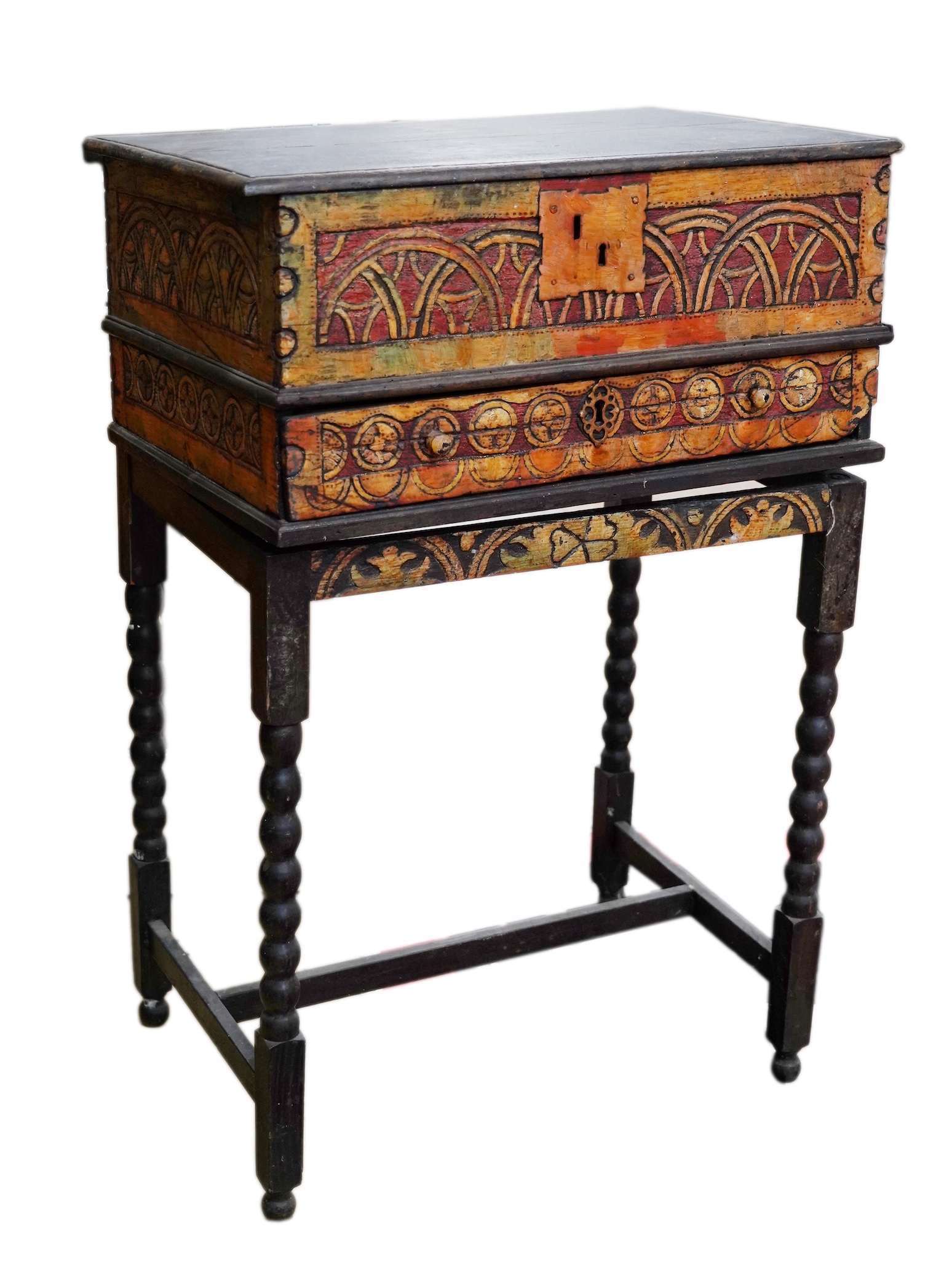 John Bratby (1928-1992): An oak bible box on stand, polychrome decorated by the artist